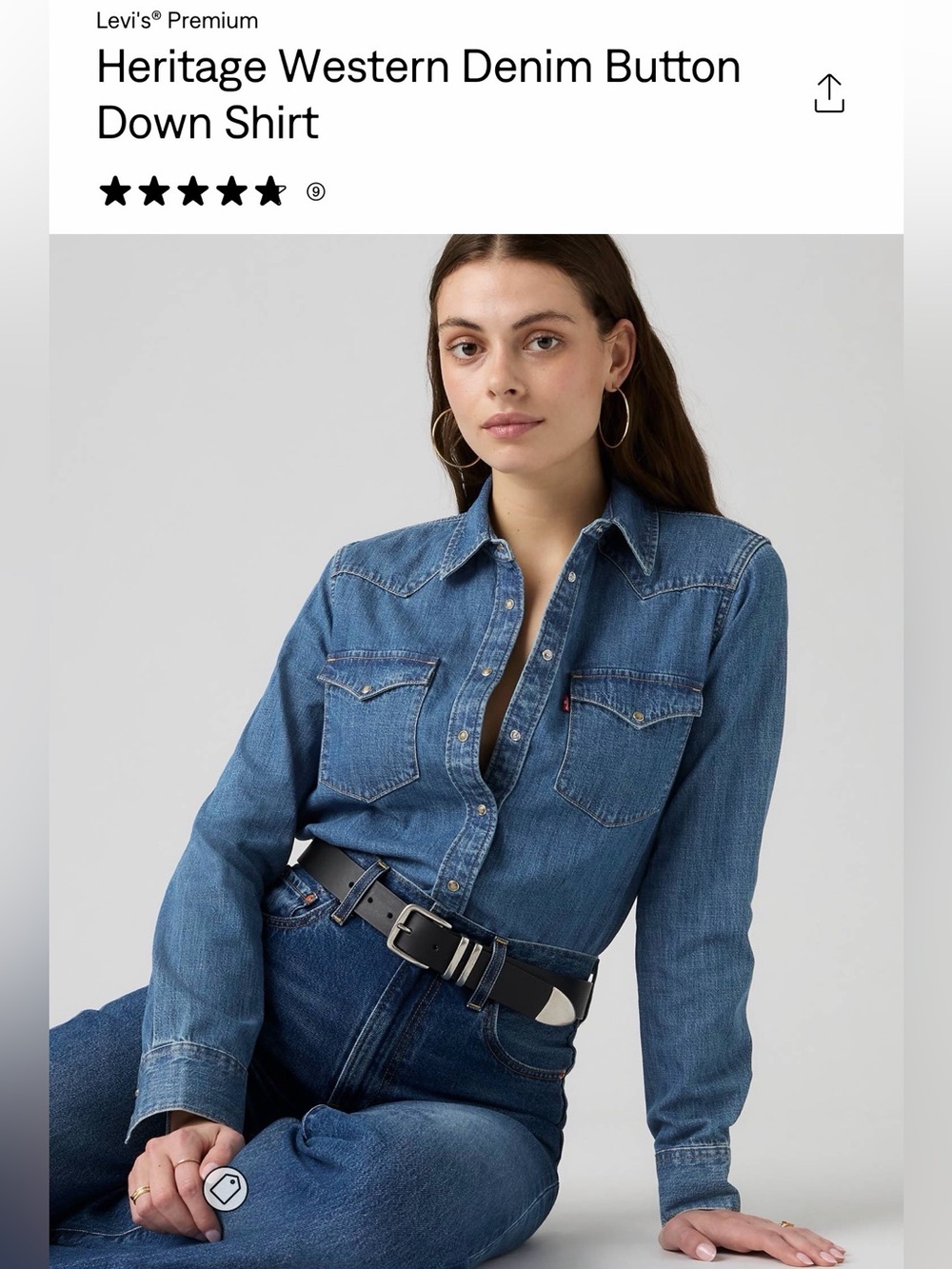 Levi's Women's Heritage Western Pearl snap button down Blue Denim Shirt Small